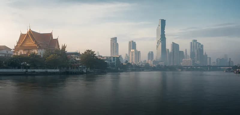 Bangkok skyline at dawn across the Chao Phraya river